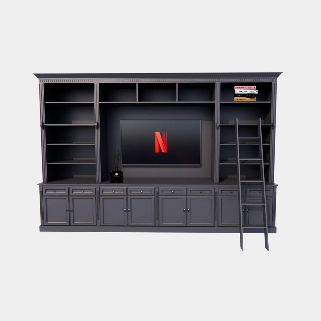 Bücherregal Französische Bibliothek - 400x46/55x240H cm - zerlegbar - mit Stange und Leiter - verstellbare Einlegeböden - oberer Boden flacher als unterer Boden - Landhausstil - mit TV-Fach / Kinowand