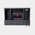 Bücherregal Französische Bibliothek - 400x46/55x240H cm - zerlegbar - mit Stange und Leiter - verstellbare Einlegeböden - oberer Boden flacher als unterer Boden - Landhausstil - mit TV-Fach / Kinowand