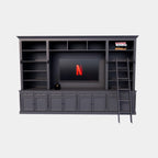 Bücherregal Französische Bibliothek - 400x46/55x240H cm - zerlegbar - mit Stange und Leiter - verstellbare Einlegeböden - oberer Boden flacher als unterer Boden - Landhausstil - mit TV-Fach / Kinowand
