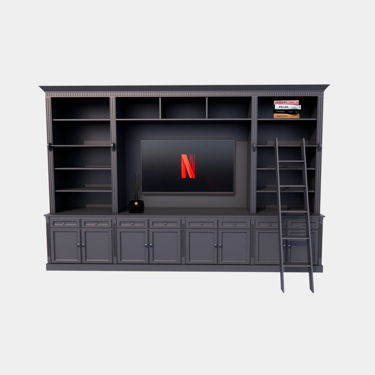 Bücherregal Französische Bibliothek - 400x46/55x240H cm - zerlegbar - mit Stange und Leiter - verstellbare Einlegeböden - oberer Boden flacher als unterer Boden - Landhausstil - mit TV-Fach / Kinowand