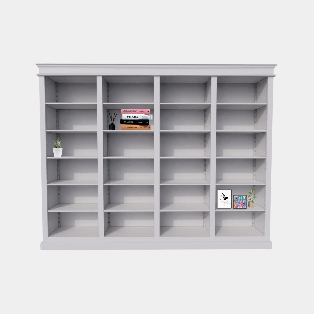 Bücherregal Queens Bibliothek - 300x40x240H cm - 20 verstellbare Einlegeböden - zerlegbar - schlichte Landhausoptik