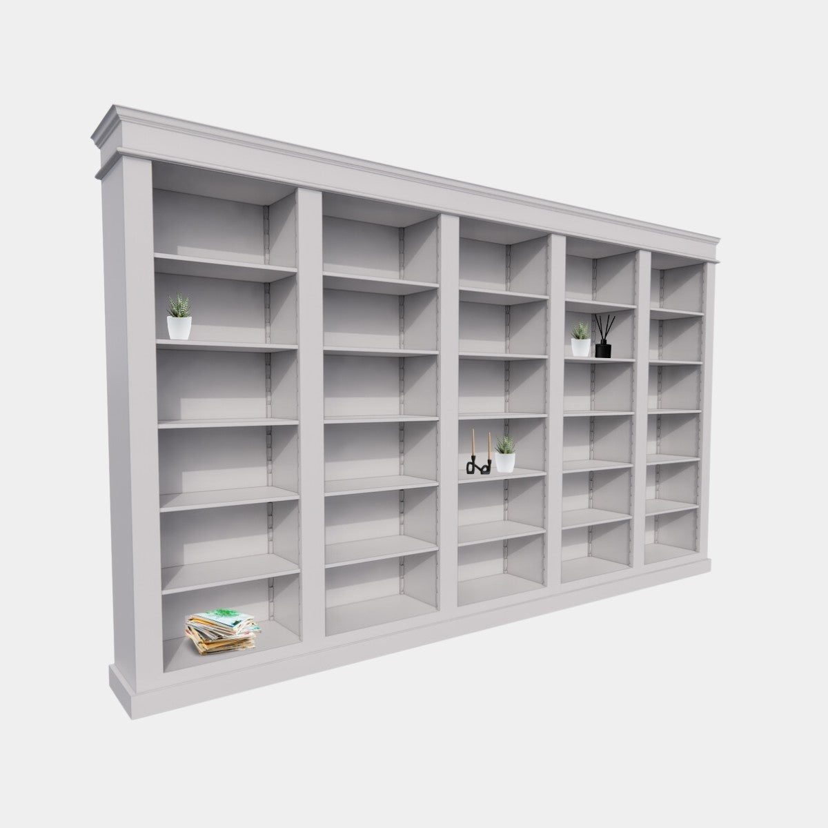Bücherregal Queens Bibliothek - 400x40x240H cm - 25 verstellbare Einlegeböden - zerlegbar - schlichte Landhausoptik