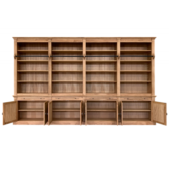 Bücherregal Melena del Sur - 400x43x240H cm - Eiche - mit Stange und Leiter - 20 Fachböden - 4 ausziehbare Fachböden - 8 Flügeltüren - verstellbare Fachböden