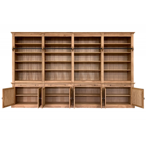 Bücherregal Melena del Sur - 400x43x240H cm - Eiche - mit Stange und Leiter - 20 Fachböden - 4 ausziehbare Fachböden - 8 Flügeltüren - verstellbare Fachböden