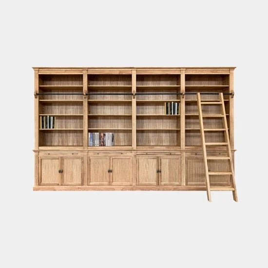 Bücherregal Melena del Sur - 400x43x240H cm - Eiche - mit Stange und Leiter - 20 Fachböden - 4 ausziehbare Fachböden - 8 Flügeltüren - verstellbare Fachböden