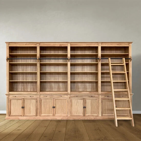 Bücherregal Melena del Sur - 400x43x240H cm - Eiche - mit Stange und Leiter - 20 Fachböden - 4 ausziehbare Fachböden - 8 Flügeltüren - verstellbare Fachböden