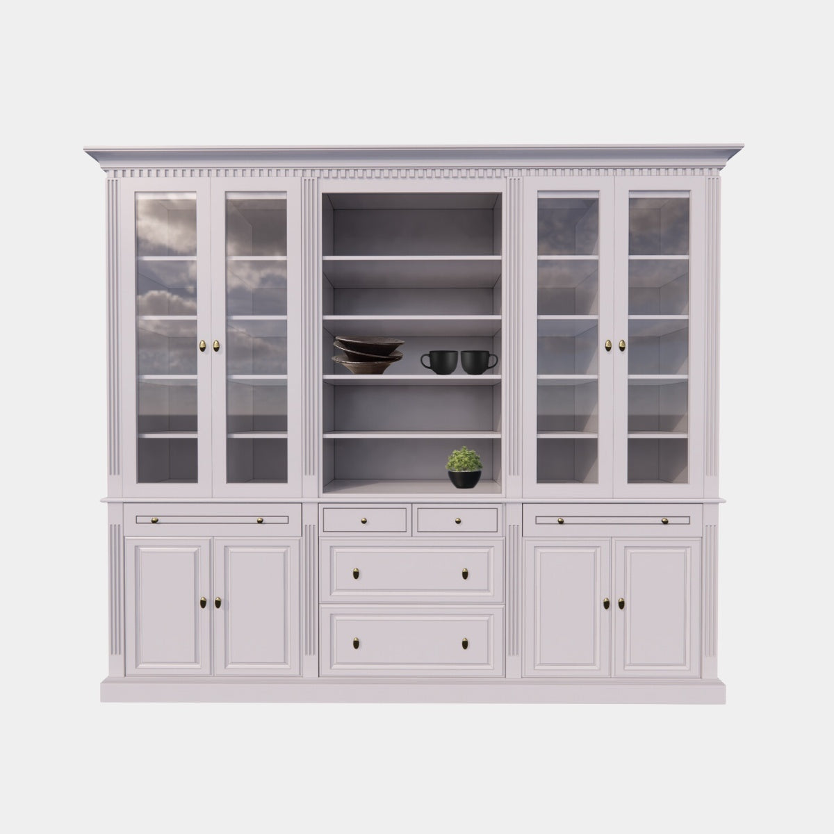 Buffetschrank Hollywood - 300x40x240H cm - Bücherregal - offenes Fach in der Mitte - verstellbare Einlegeböden - 2 ausziehbare Einlegeböden - 4 Soft-Close-Schubladen
