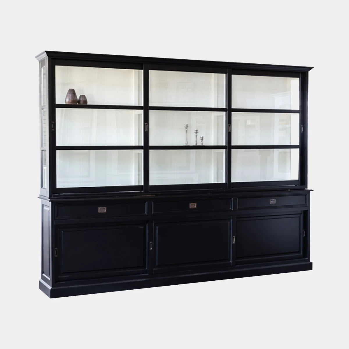 Buffetschrank Miami Beach - 260x53x218H cm - 3 Schiebetüren für Vitrinen - 3 Schubladen - 3 geschlossene Schiebetüren - Glasseiten