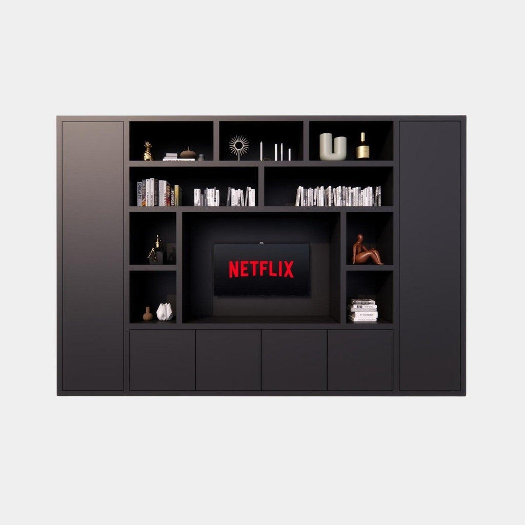 TV-Fachschrank Austin - 350x40x240H cm - offene Fächer - 6 grifflose geschlossene Türen - TV-Fach - Cinewall - schlankes Design