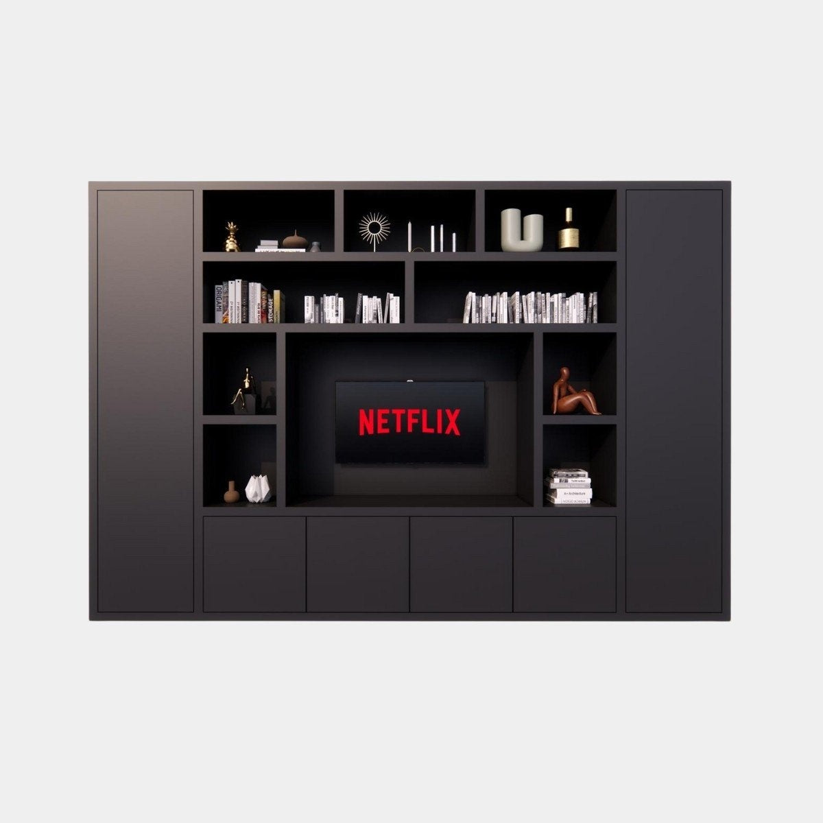 TV-Fachschrank Austin - 350x40x240H cm - offene Fächer - 6 grifflose geschlossene Türen - TV-Fach - Cinewall - schlankes Design