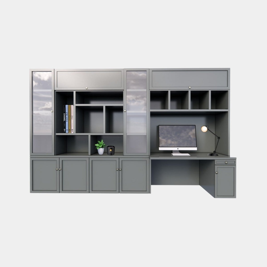 Fächerschrank / Schreibtisch Luxemburg - 400x50/70x250H cm - Fächerschrank mit eingebautem Schreibtisch - mit Glastüren - mit geschlossenen Klapptüren -