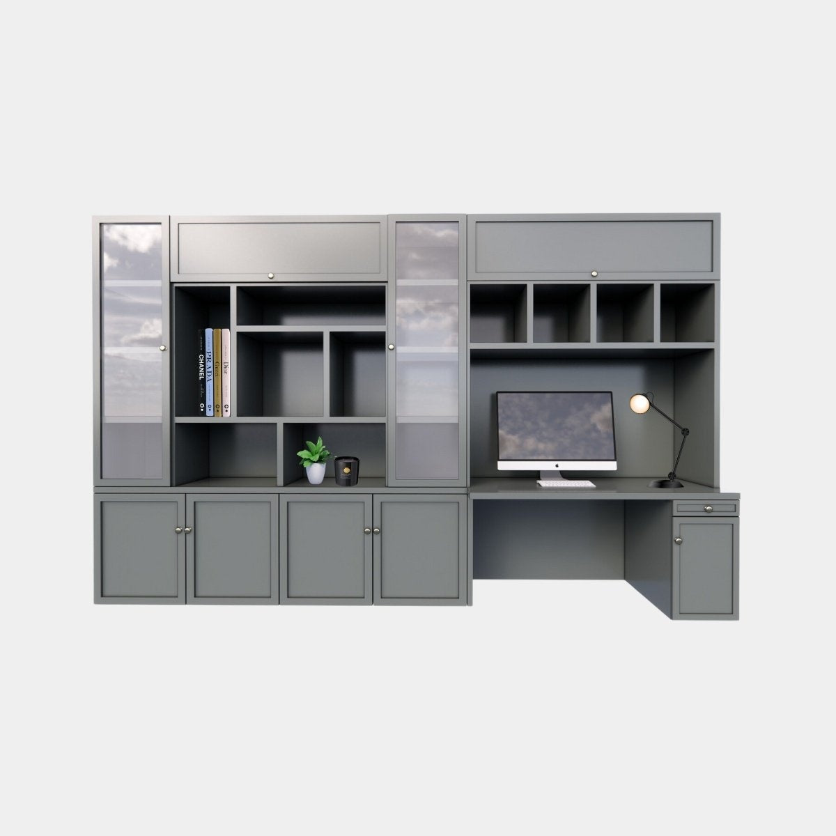 Fächerschrank / Schreibtisch Luxemburg - 400x50/70x250H cm - Fächerschrank mit eingebautem Schreibtisch - mit Glastüren - mit geschlossenen Klapptüren -