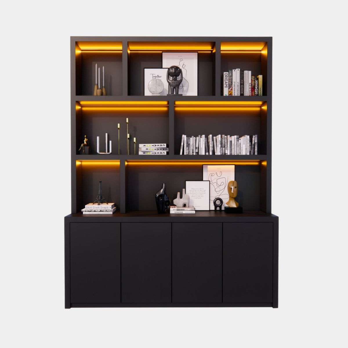 Fächerschrank Korsika - 200x20/40x240H cm - 5cm Fachbodenstärke - klares Design - Oberschrank weniger tief als Unterschrank - offene Fachböden - 4 grifflose Push-to-open-Türen