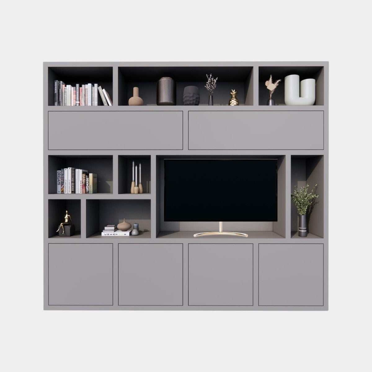 TV-Schrank Girona - 275x40x240H cm - offene Fächer im oberen Schrank und 2 Klapptüren - 4 grifflose Türen im unteren Schrank - Cinewall - TV-Fach