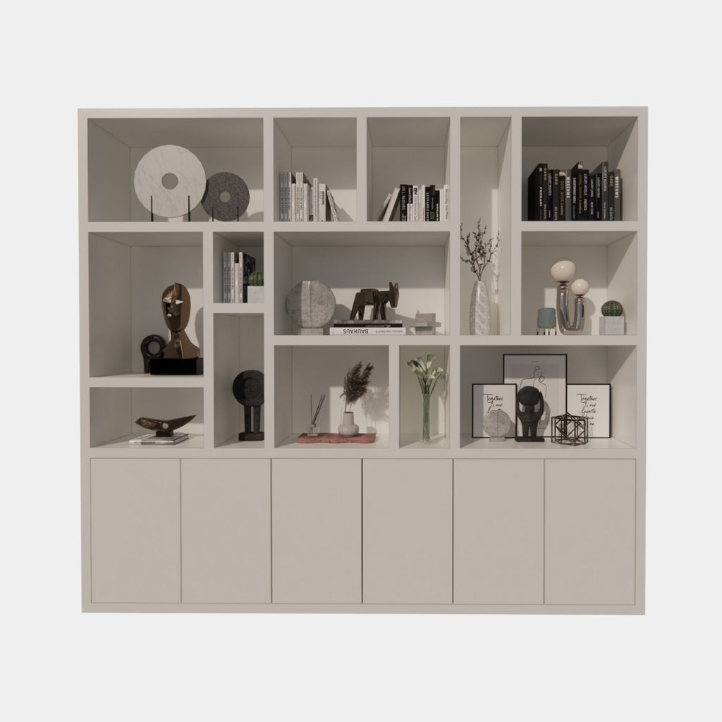 Madrid Regal - 280x40x240H cm - 5cm Fachbodenstärke - schlankes Design - 6 grifflose Push-to-Open-Türen - offene Regale