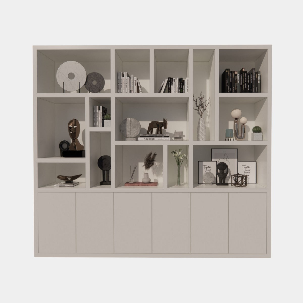 Madrid Regal - 280x40x240H cm - 5cm Fachbodenstärke - schlankes Design - 6 grifflose Push-to-Open-Türen - offene Regale