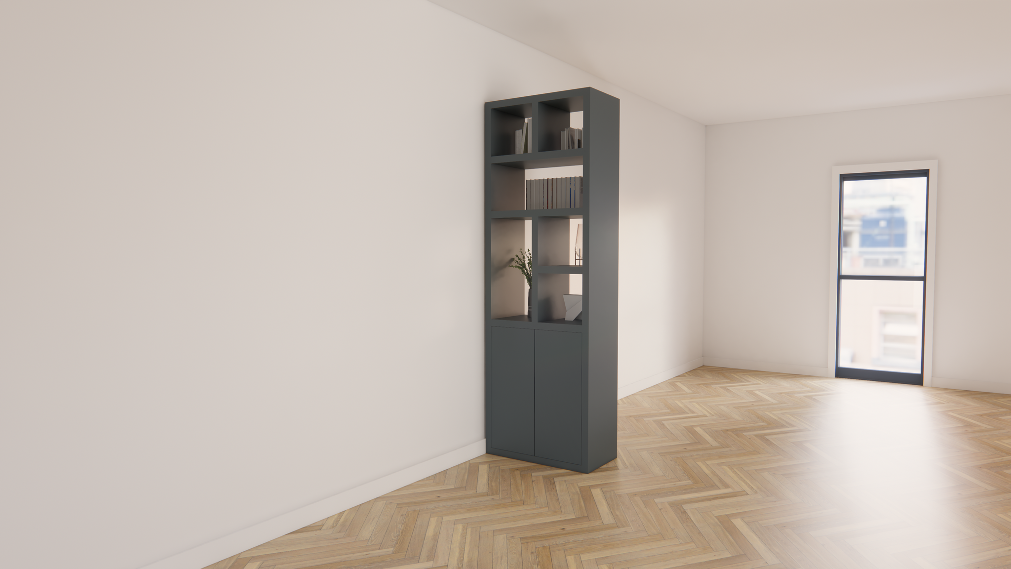 Raumteiler Agudo - 85x45x257H cm - push-to-open Türen - offene Fächer - beidseitig saubere Verarbeitung