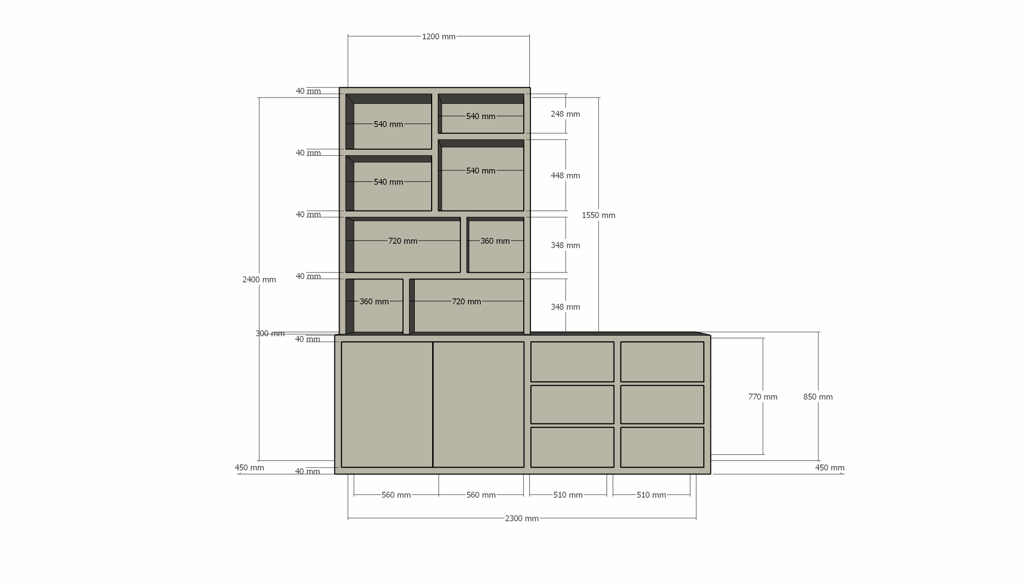 Albi Anrichte/Schrank - 230x30/45x240H cm - Schubladen und Türen mit Push-to-Open - 4cm Bodenstärke