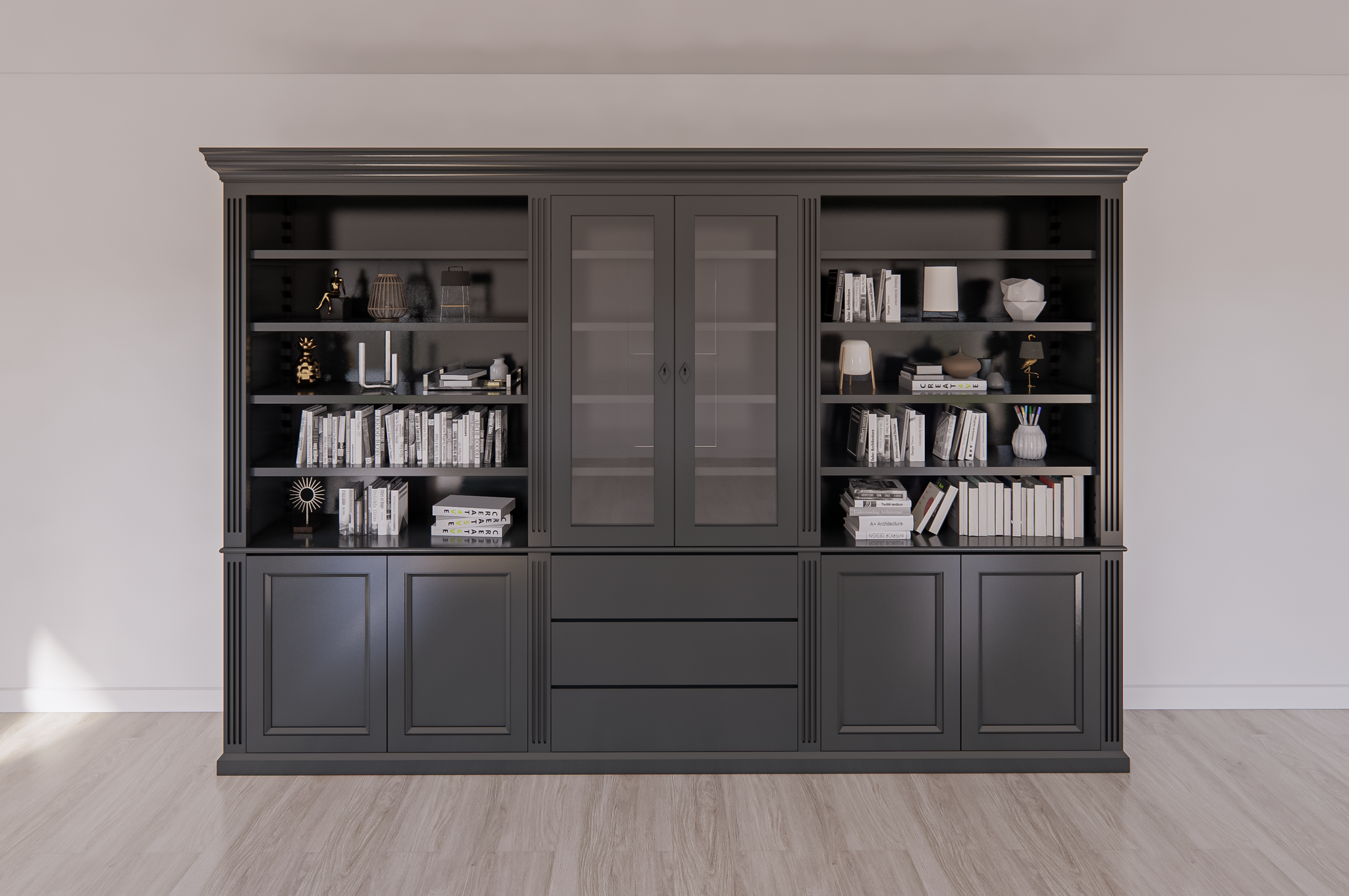Bücherregal Amalfi - 320x40x220H cm - verstellbare Einlegeböden - Schranktüren - 4 push-to-open Türen - 3 grifflose Schubladen