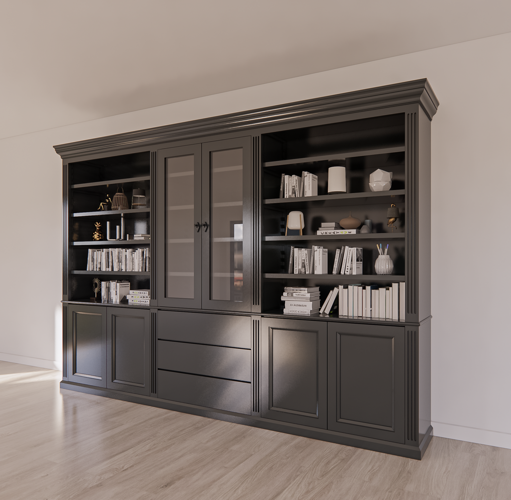 Bücherregal Amalfi - 320x40x220H cm - verstellbare Einlegeböden - Schranktüren - 4 push-to-open Türen - 3 grifflose Schubladen