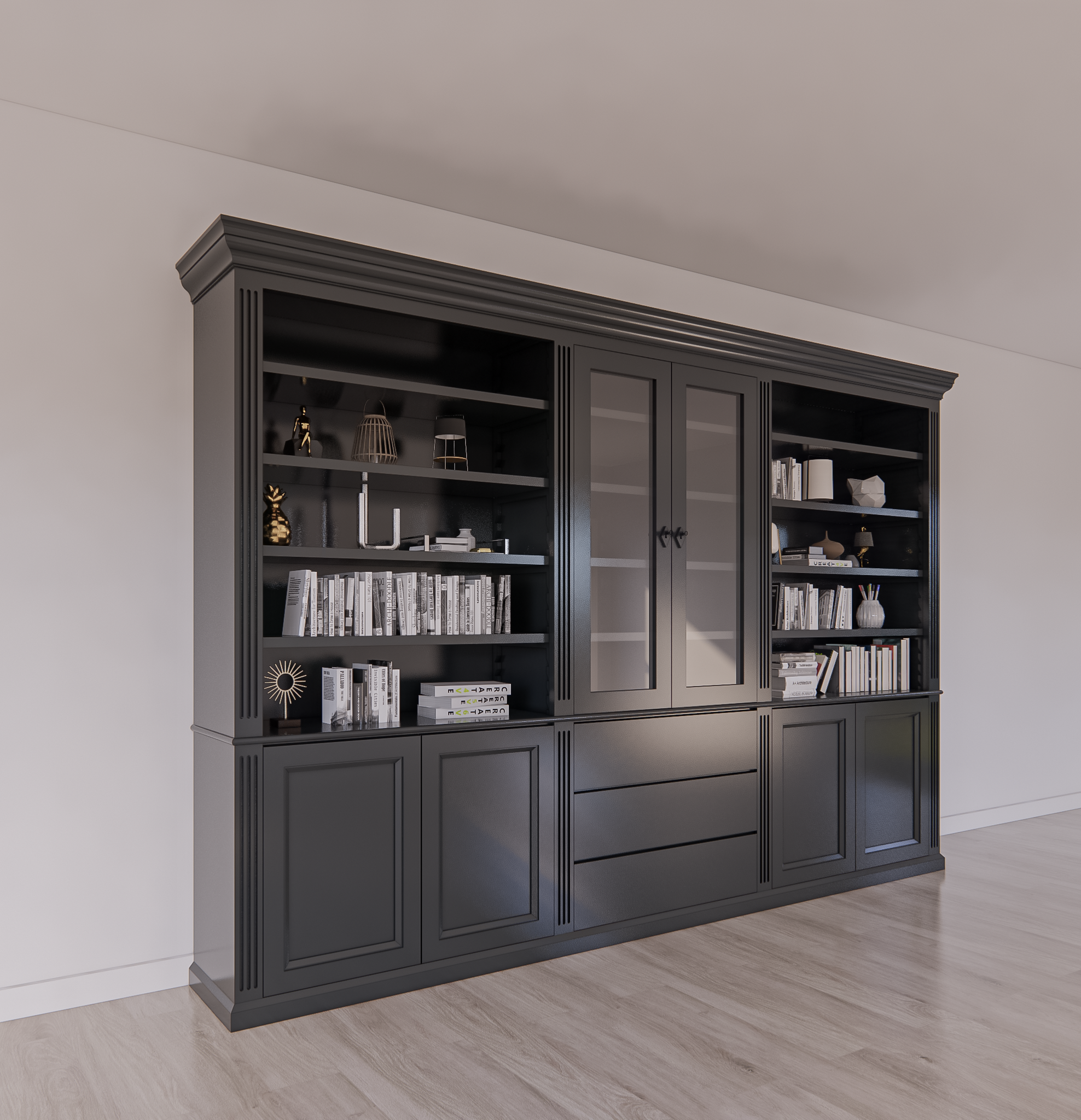 Bücherregal Amalfi - 320x40x220H cm - verstellbare Einlegeböden - Schranktüren - 4 push-to-open Türen - 3 grifflose Schubladen