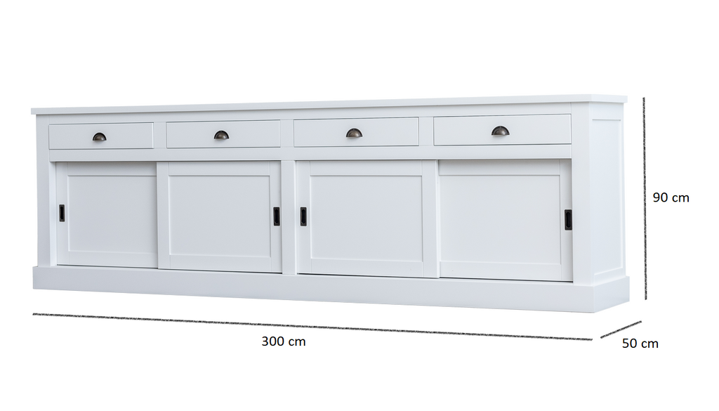 Sideboard Atlanta - 300x50x90H cm - 4 Soft-Close-Schubladen - 4 geschlossene Schiebetüren