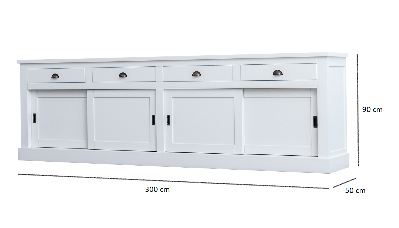 Sideboard Atlanta - 300x50x90H cm - 4 Soft-Close-Schubladen - 4 geschlossene Schiebetüren