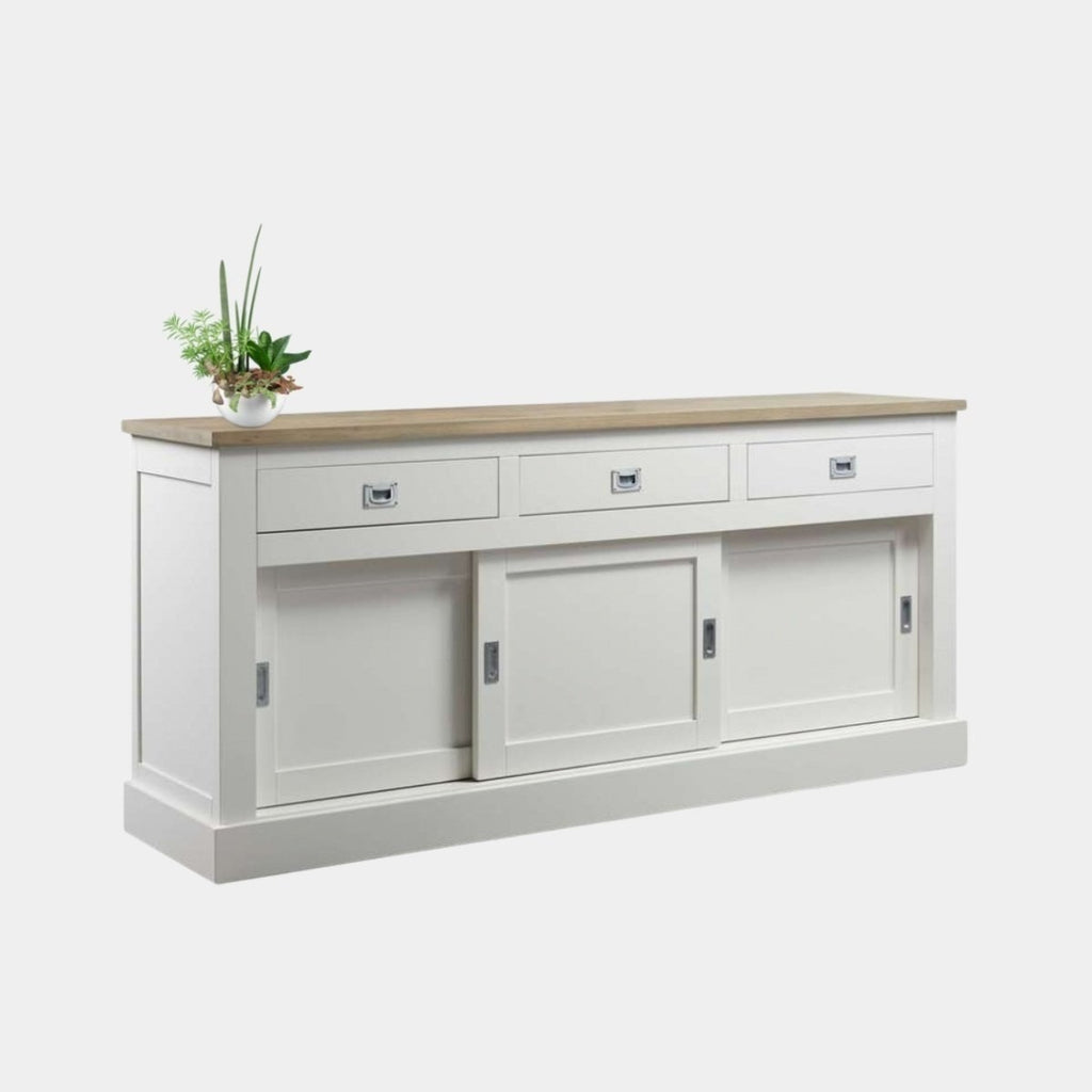 Sideboard Brooklyn 01 - 200x46x90H cm - mit Eichenplatte - 3 Soft-Close-Schubladen - 3 geschlossene Schiebetüren