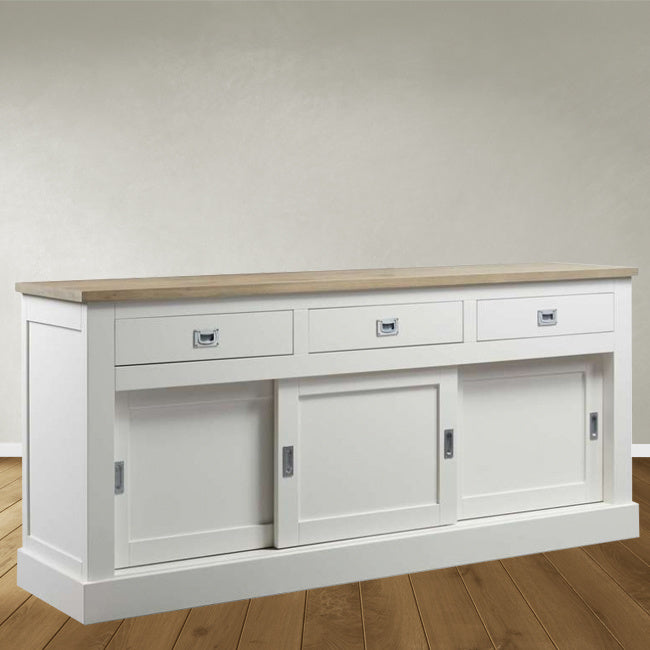 Sideboard Brooklyn 01 - 200x46x90H cm - mit Eichenplatte - 3 Soft-Close-Schubladen - 3 geschlossene Schiebetüren