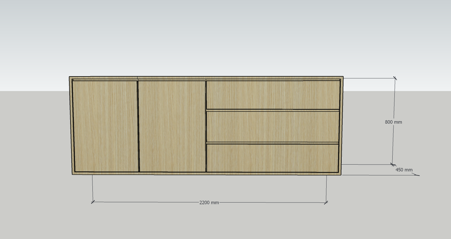 Sidney Sideboard - 220x45x80H cm - schlichtes Design - helle Eiche - 2 grifflose Türen - 3 grifflose Schubladen