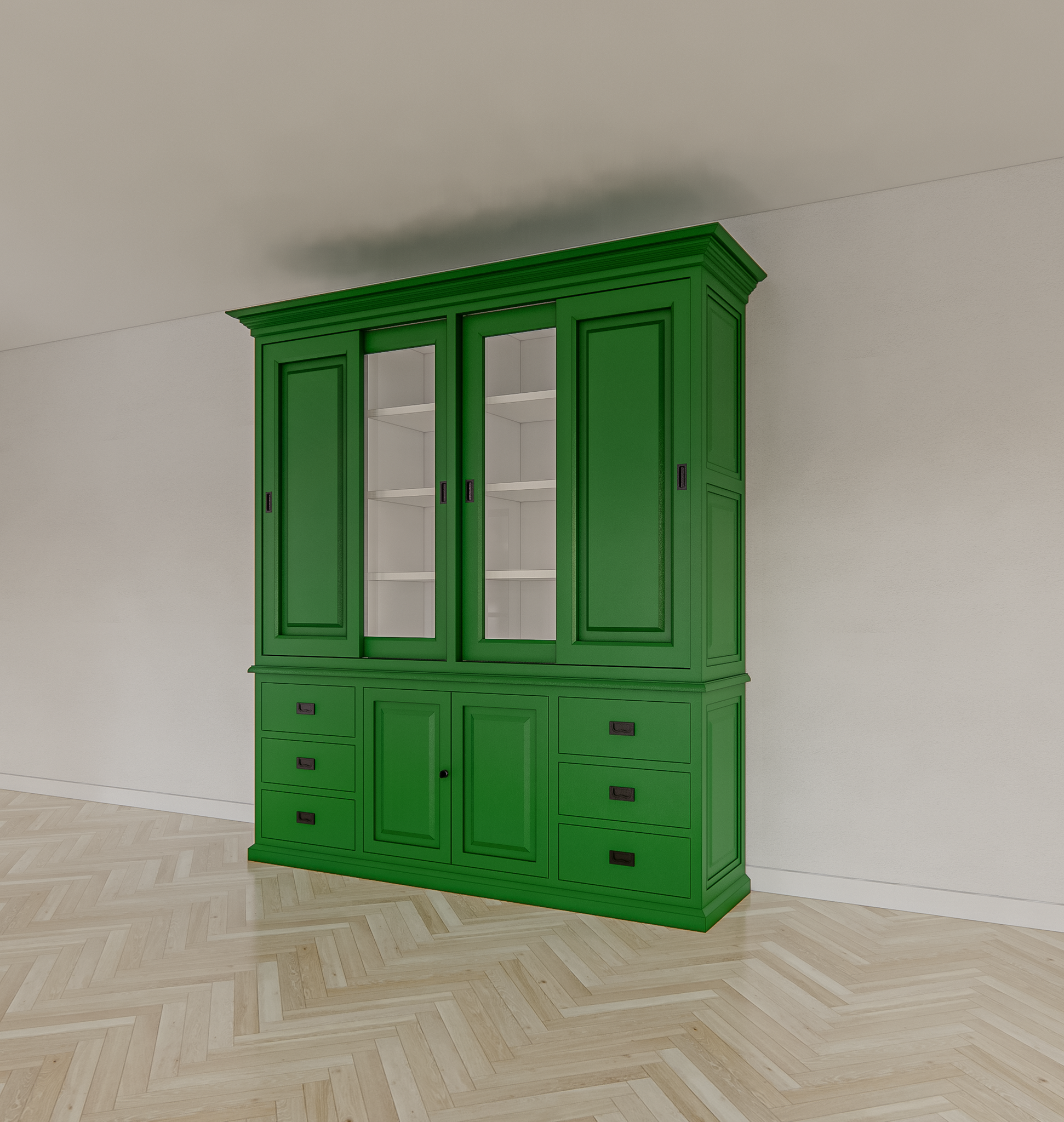 Buffetschrank Arizona - 200x50x230H cm - geschlossene und Vitrinenschiebetüren - 6 Soft-Close-Schubladen