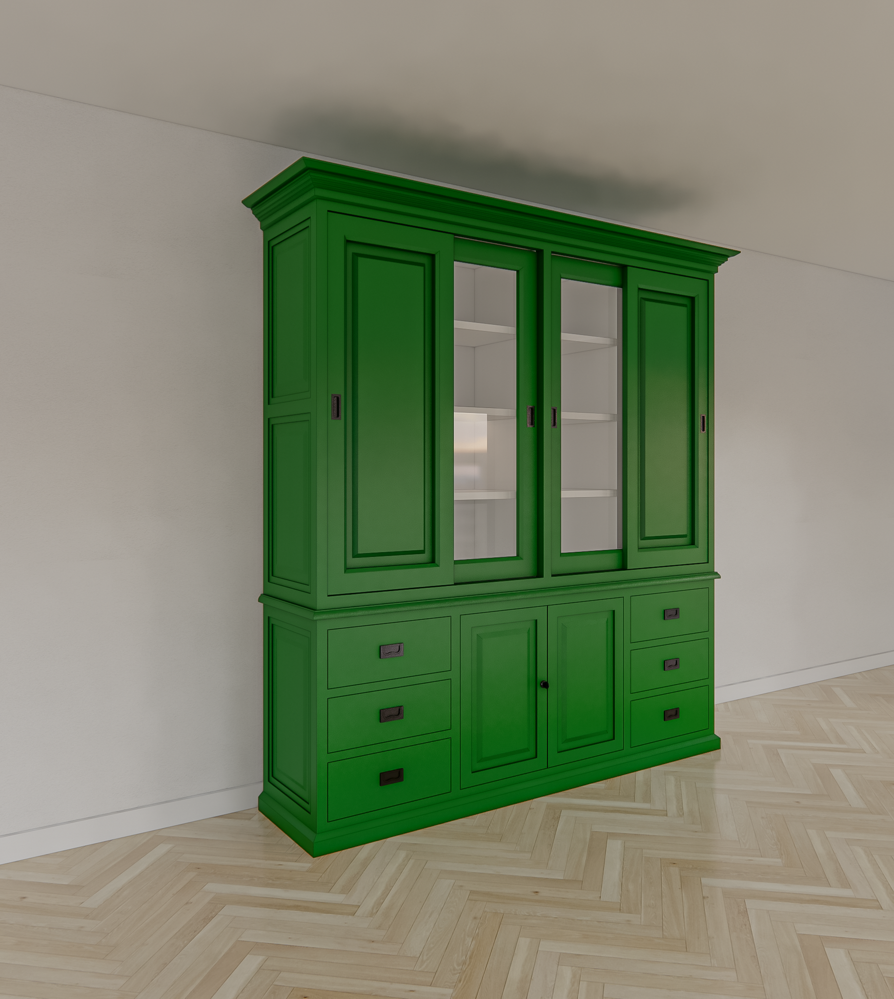 Buffetschrank Arizona - 200x50x230H cm - geschlossene und Vitrinenschiebetüren - 6 Soft-Close-Schubladen