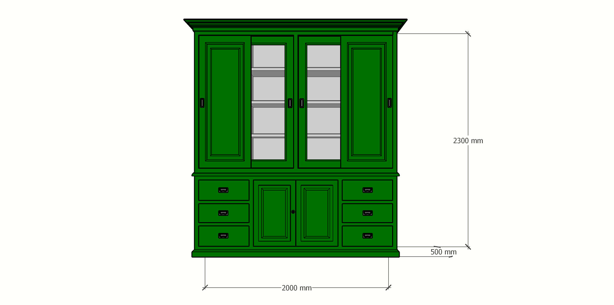 Buffetschrank Arizona - 200x50x230H cm - geschlossene und Vitrinenschiebetüren - 6 Soft-Close-Schubladen