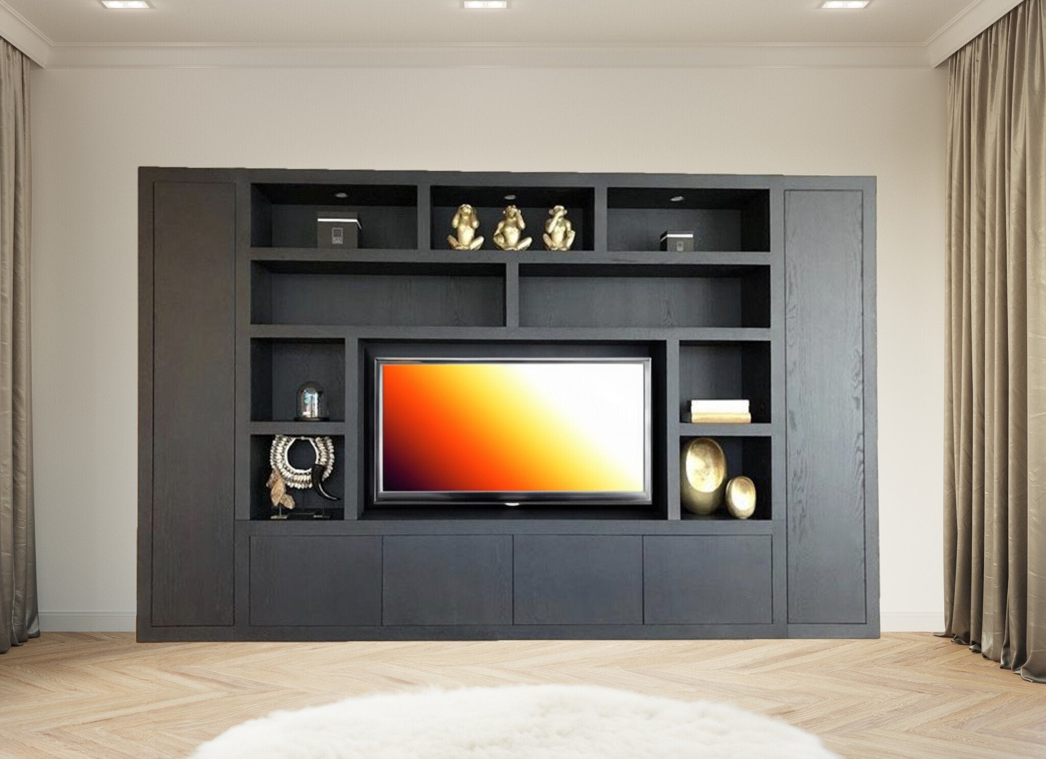 TV-Fachschrank Austin - 350x40x240H cm - offene Fächer - 6 grifflose geschlossene Türen - TV-Fach - Cinewall - schlankes Design