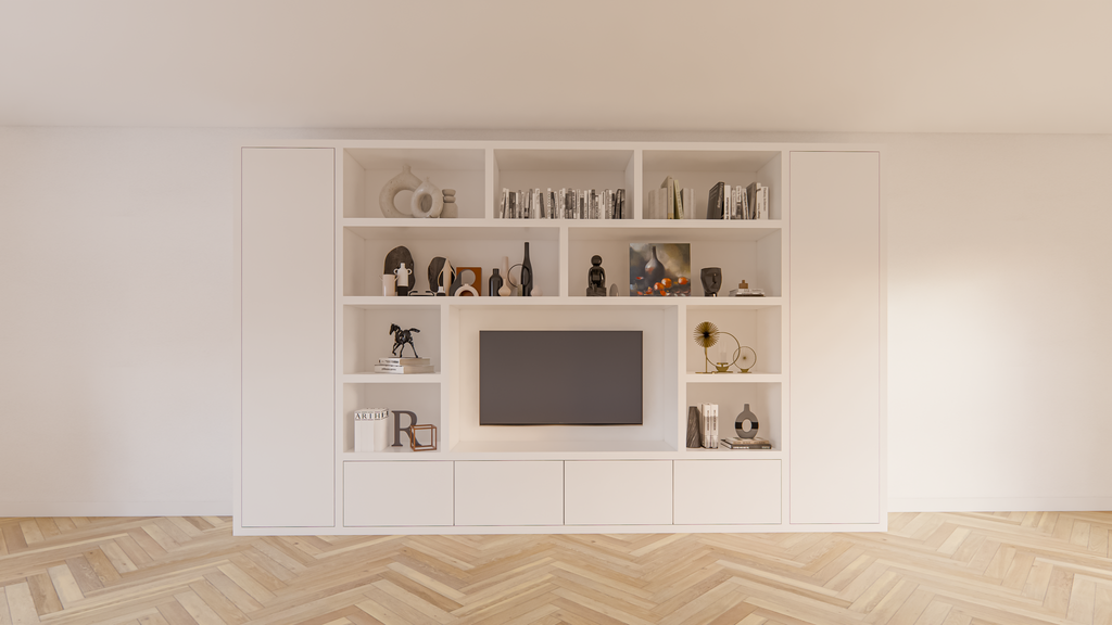 Kommode Austin - 400x40x240H cm - schlankes Design - geschlossene push-to-open Türen - offene Einlegeböden