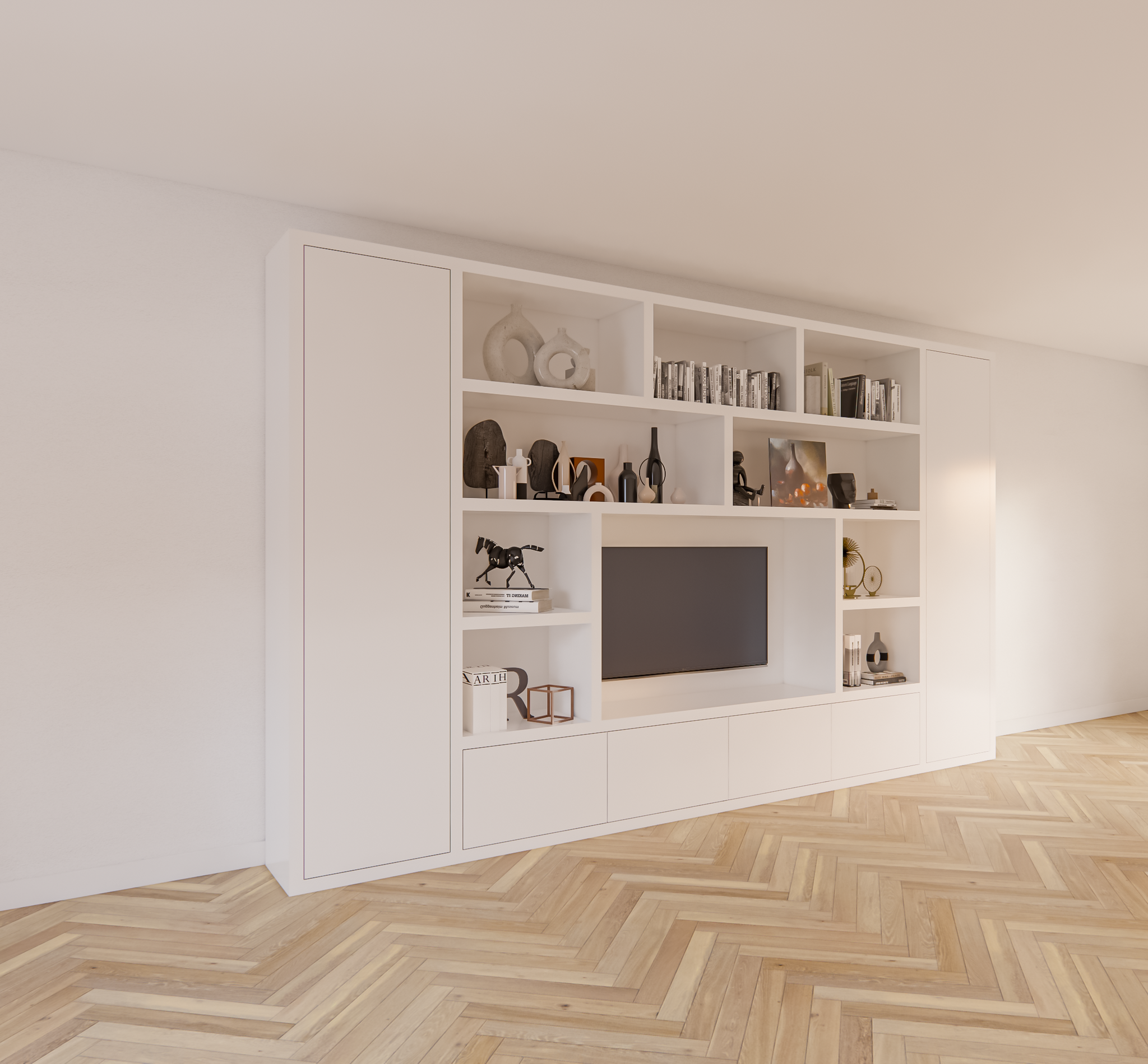 Kommode Austin - 400x40x240H cm - schlankes Design - geschlossene push-to-open Türen - offene Einlegeböden