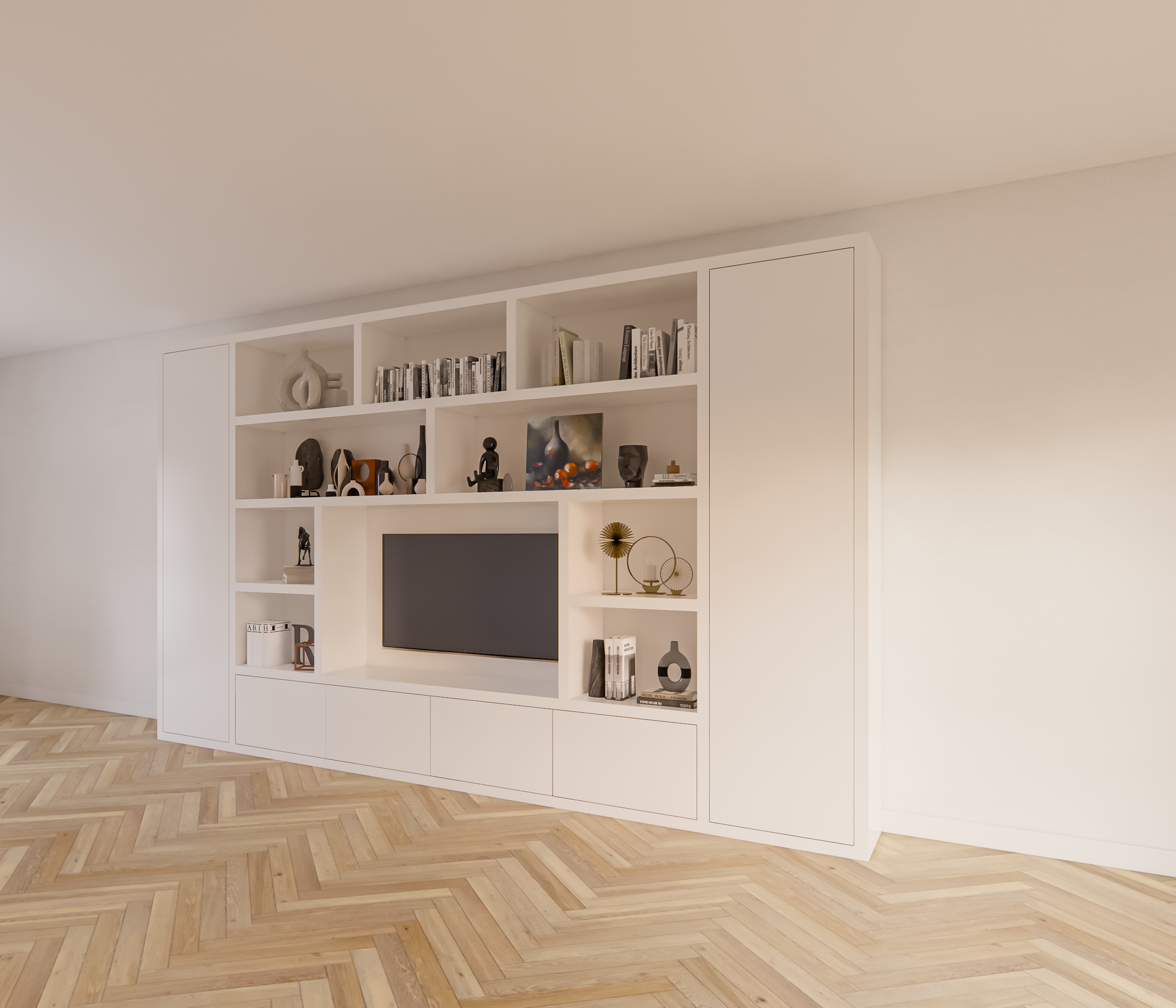 Kommode Austin - 400x40x240H cm - schlankes Design - geschlossene push-to-open Türen - offene Einlegeböden