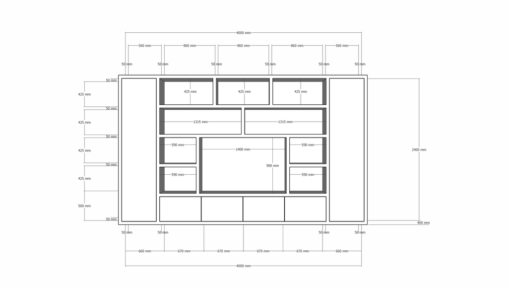 Kommode Austin - 400x40x240H cm - schlankes Design - geschlossene push-to-open Türen - offene Einlegeböden