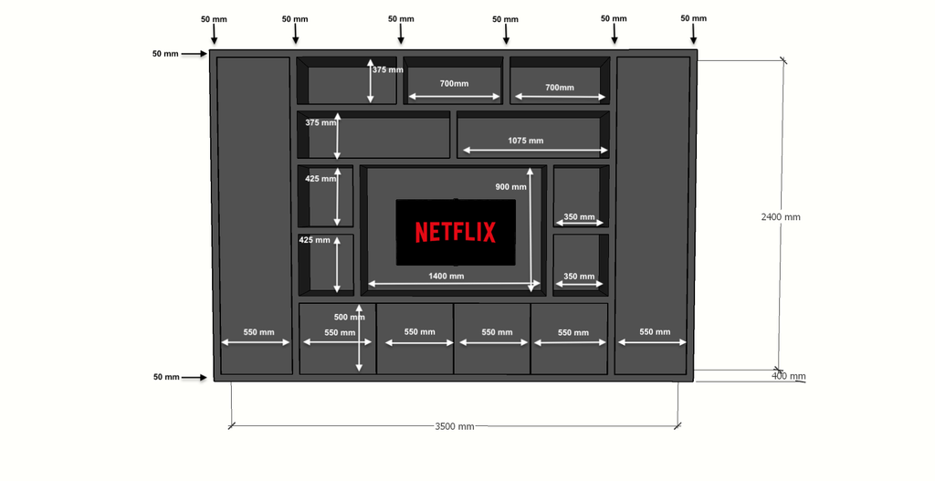 TV-Fachschrank Austin - 350x40x240H cm - offene Fächer - 6 grifflose geschlossene Türen - TV-Fach - Cinewall - schlankes Design