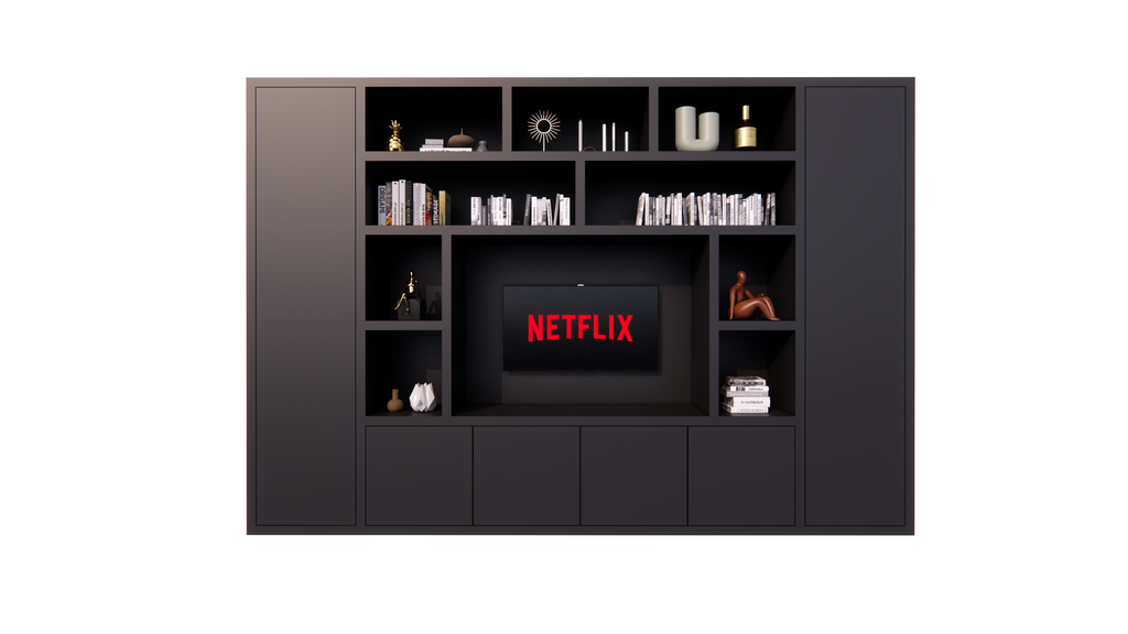 TV-Fachschrank Austin - 350x40x240H cm - offene Fächer - 6 grifflose geschlossene Türen - TV-Fach - Cinewall - schlankes Design