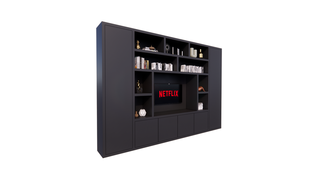 TV-Fachschrank Austin - 350x40x240H cm - offene Fächer - 6 grifflose geschlossene Türen - TV-Fach - Cinewall - schlankes Design