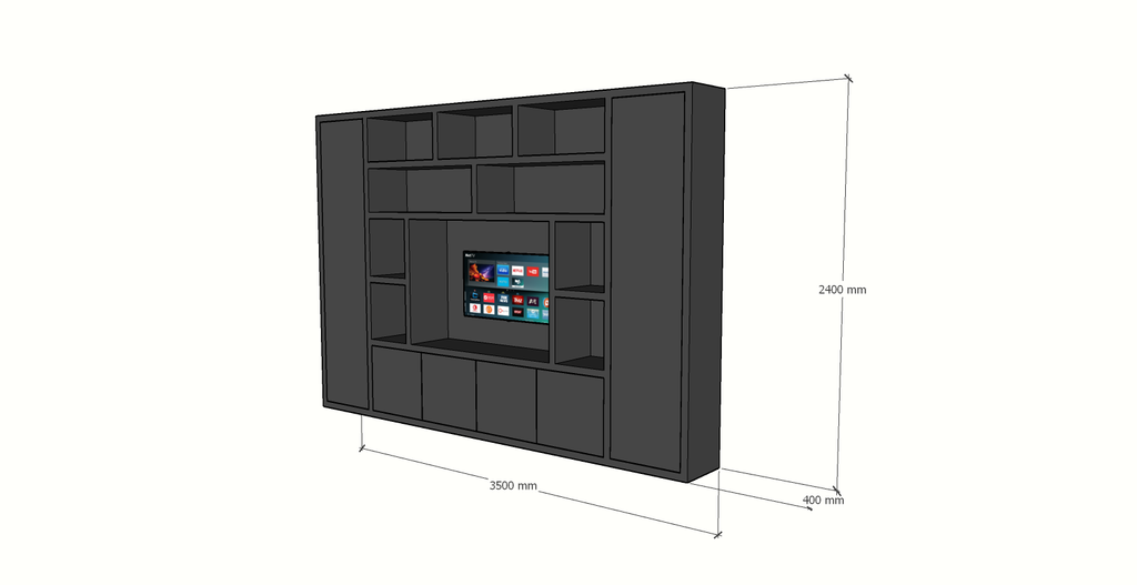 TV-Fachschrank Austin - 350x40x240H cm - offene Fächer - 6 grifflose geschlossene Türen - TV-Fach - Cinewall - schlankes Design