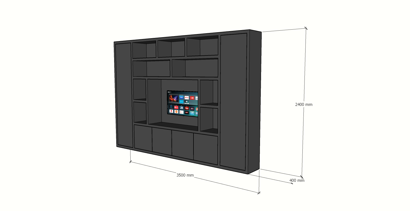 TV-Fachschrank Austin - 350x40x240H cm - offene Fächer - 6 grifflose geschlossene Türen - TV-Fach - Cinewall - schlankes Design
