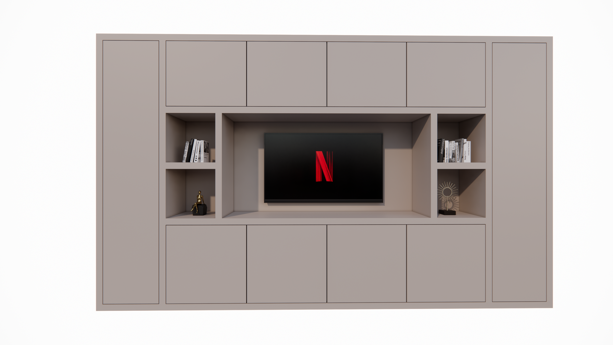 TV-Fachschrank Bali - 350x40x210H cm - 10 push-to-open Türen - 5 offene Fächer