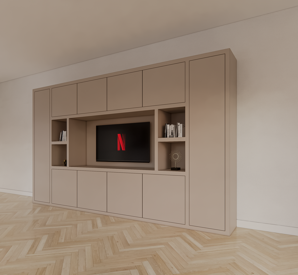 TV-Fachschrank Bali - 350x40x210H cm - 10 push-to-open Türen - 5 offene Fächer