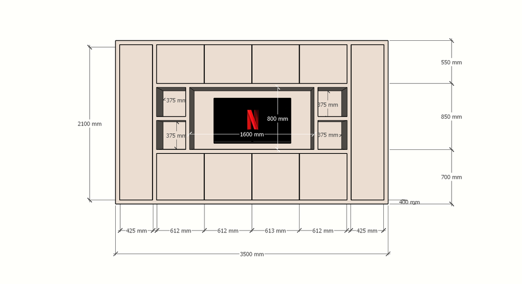 TV-Fachschrank Bali - 350x40x210H cm - 10 push-to-open Türen - 5 offene Fächer