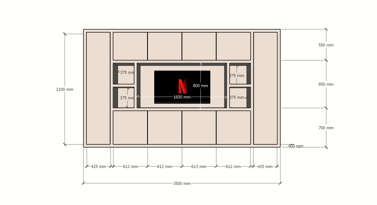 TV-Fachschrank Bali - 350x40x210H cm - 10 push-to-open Türen - 5 offene Fächer