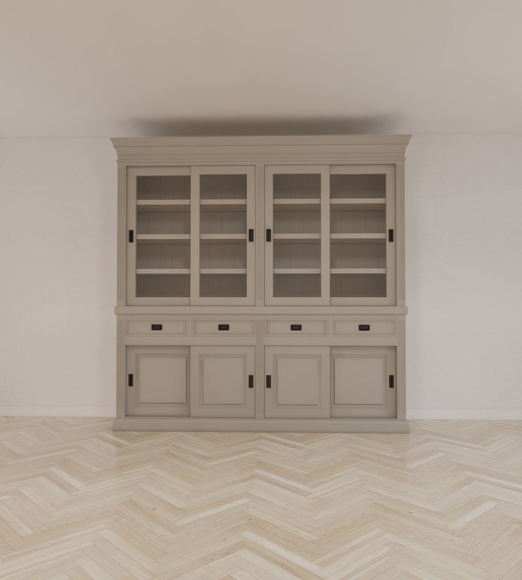 Buffetschrank Bari - 240x50x240H cm - mittlerer Rahmen aus Eiche - oberer Rahmen aus Eiche - 4 Schiebetüren in der Vitrine - 4 geschlossene Schiebetüren - 4 Schubladen mit Soft Close