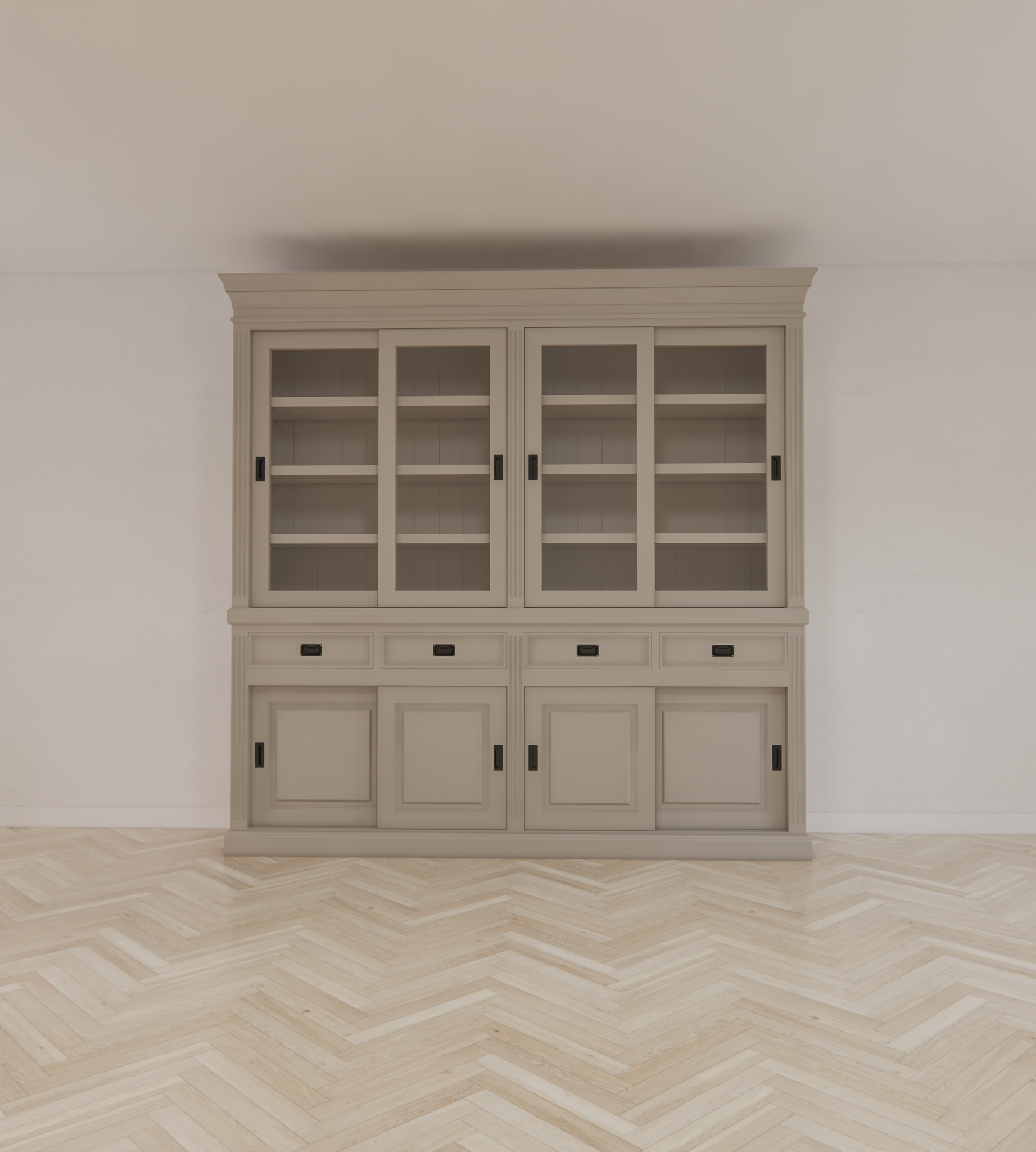 Buffetschrank Bari - 240x50x240H cm - mittlerer Rahmen aus Eiche - oberer Rahmen aus Eiche - 4 Schiebetüren in der Vitrine - 4 geschlossene Schiebetüren - 4 Schubladen mit Soft Close