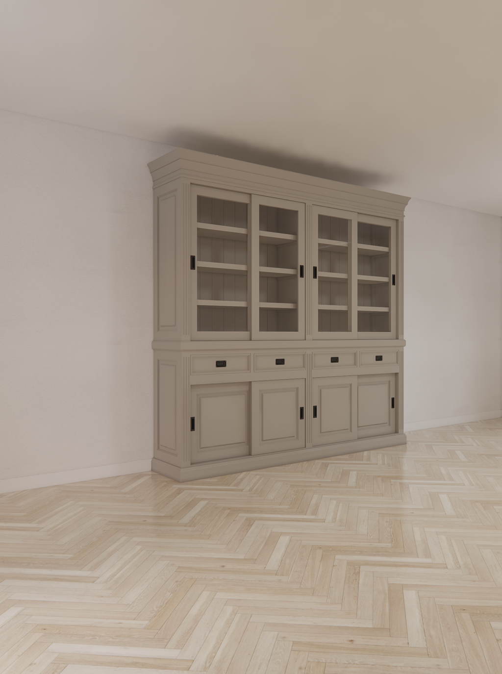 Buffetschrank Bari - 240x50x240H cm - mittlerer Rahmen aus Eiche - oberer Rahmen aus Eiche - 4 Schiebetüren in der Vitrine - 4 geschlossene Schiebetüren - 4 Schubladen mit Soft Close